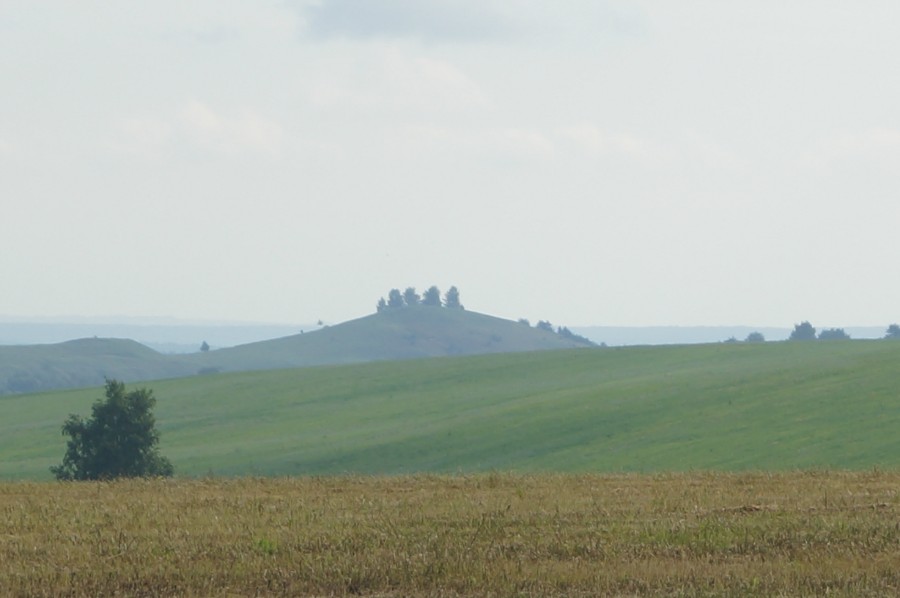 Вид издалека (с трассы на Чулково) на Гору Дины. Слева седловина и хребет
