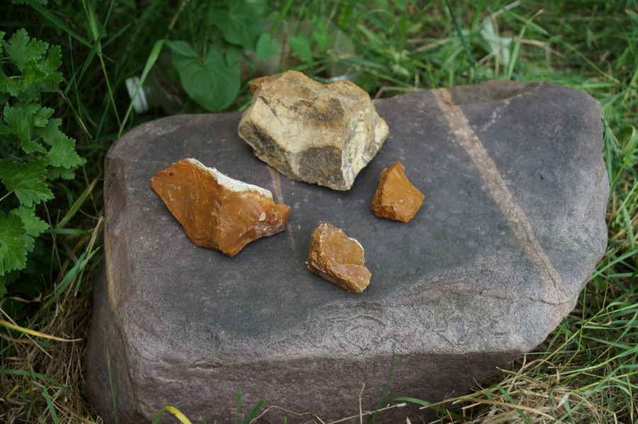 Маленькие камни (доломит, конкреции) из Гремячевского карьера. Большой камень - ледниковый валун из Семеновского района